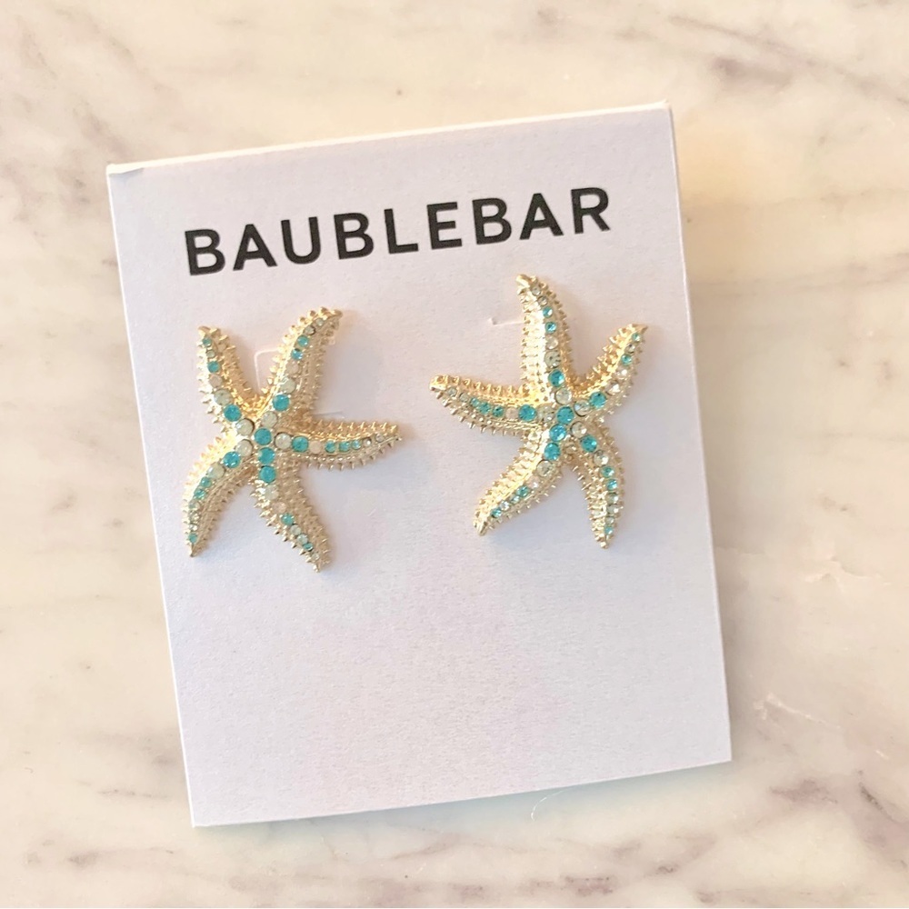 ⭐️ Baublebar Blue Crystals Gold Starfish Sea Life Stud Statement Earrings